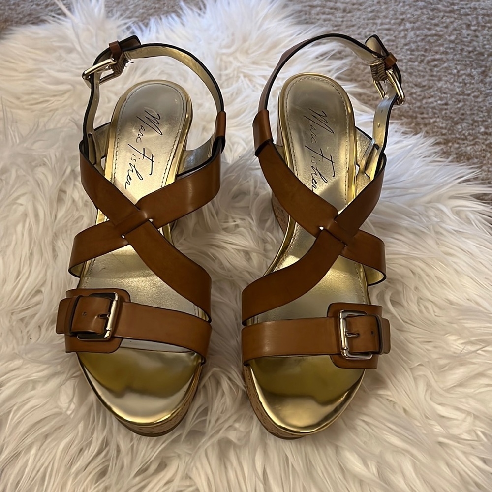 Faux Leather Marc Fisher Buckle Sandals with Platform Wedge Cork Heel Size 7 1/2